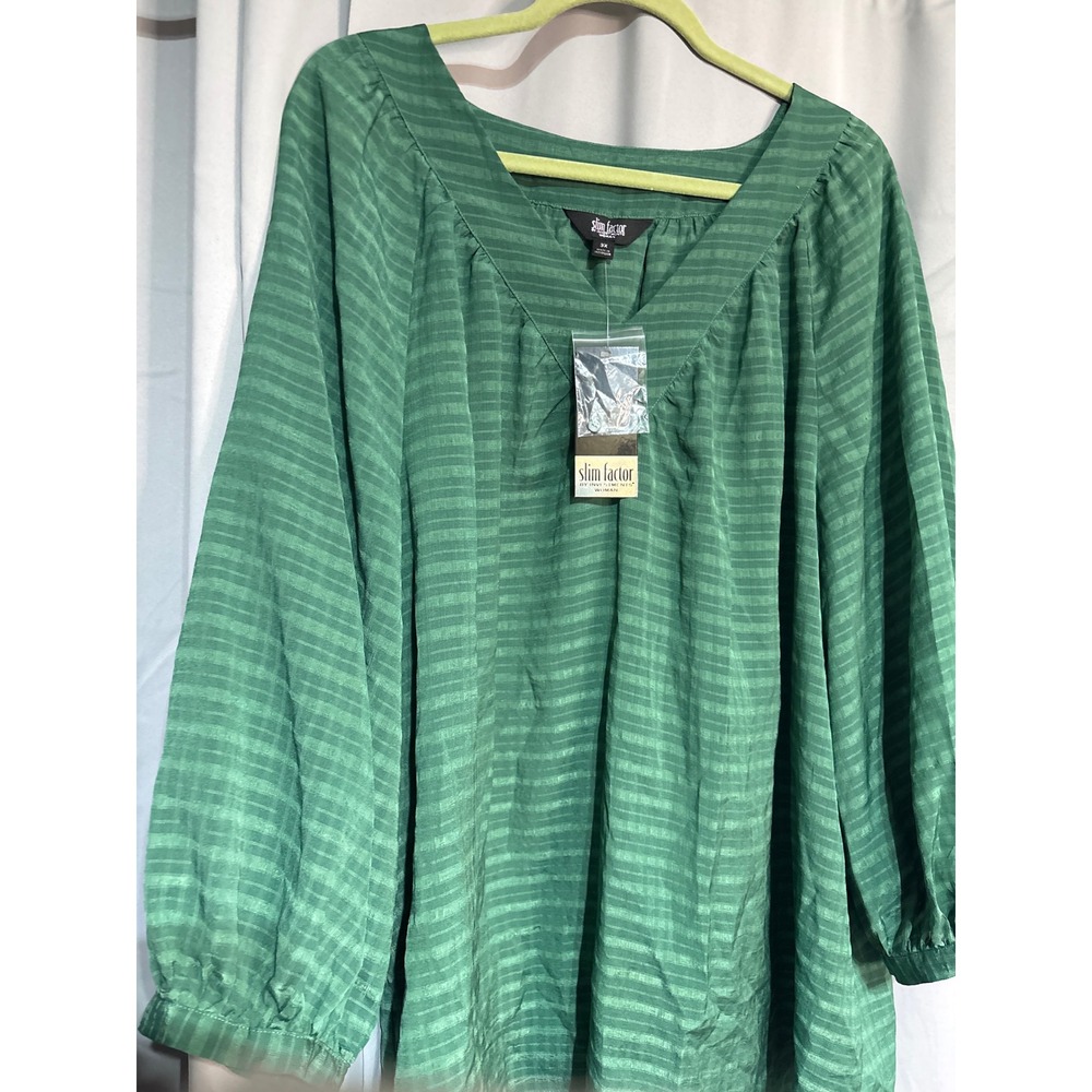 Slim Factor by Investments Green Striped V-Neck Balloon Sleeve Blouse 3X NEW - Picture 2 of 7